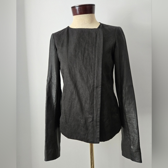 VINCE Women's Linen and Leather Black Jacket Lined in Silk. Size 6 - Picture 2 of 11